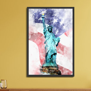 Statue of Liberty with flag watercolor Poster