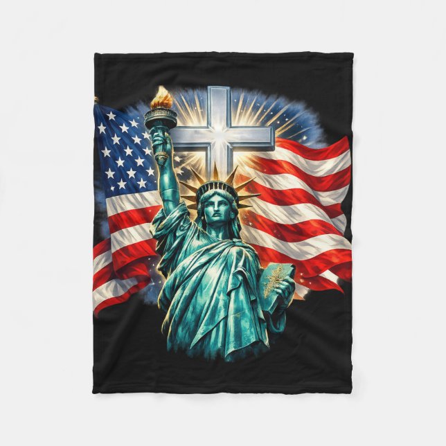 Statue of Liberty with Flags and Cross Fleece Blanket (Front)
