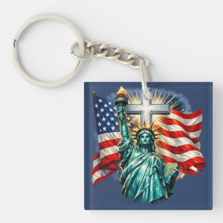 Statue of Liberty with Flags and Cross Key Ring