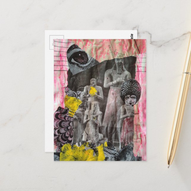 Statues of People mixed media collage Postcard (Front/Back In Situ)