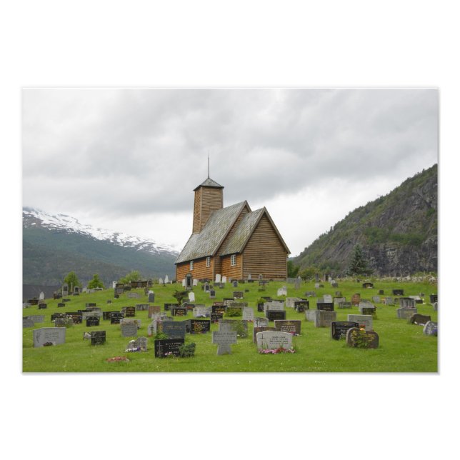 Stave church with graveyard in Norway photo Print (Front)