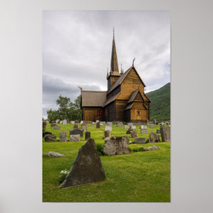 Stave church with graveyard in Norway Poster