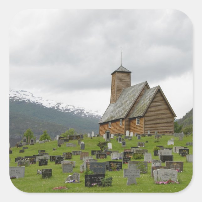 Stave church with graveyard, Norway square sticker (Front)