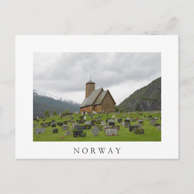 Stave church with graveyard white postcard (Front)