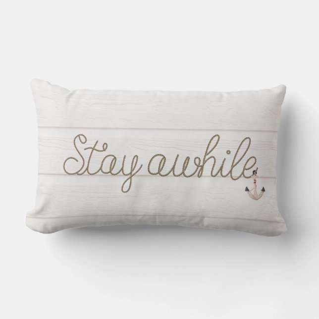 Stay Awhile rope text on whitewashed wood Lumbar Cushion (Front)