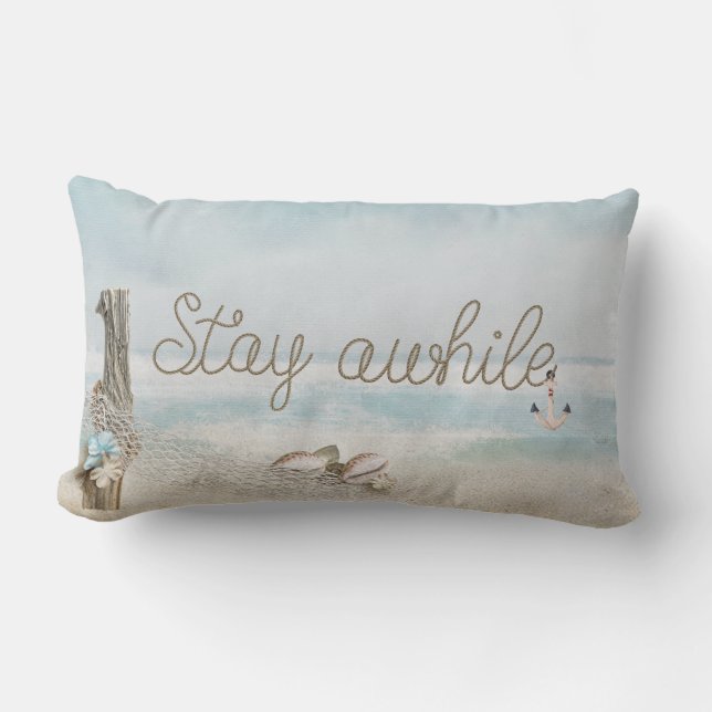 Stay Awhile rope text with anchor and driftwood Lumbar Cushion (Front)