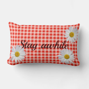 Stay Awhile text on red and white gingham Lumbar Cushion