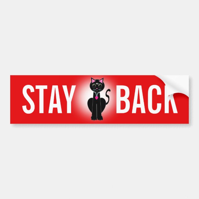 Stay back black cat on red bumper sticker (Front)