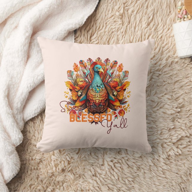 Stay Blessed Y'all with Colourful Turkey  Cushion (Blanket)