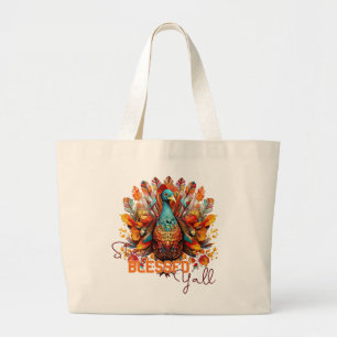 Stay Blessed Y'all with Colourful Turkey Large Tote Bag