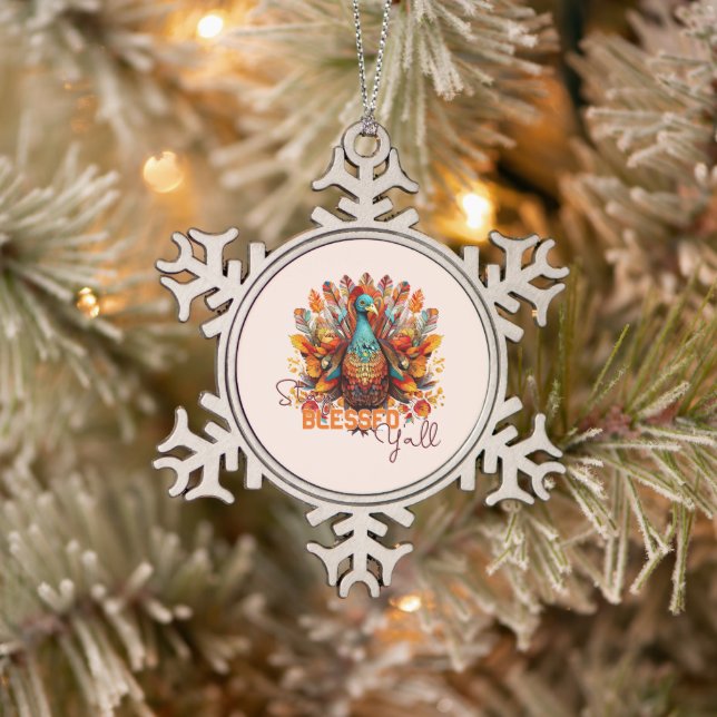 Stay Blessed Y'all with Colourful Turkey  Snowflake Pewter Christmas Ornament (Tree)