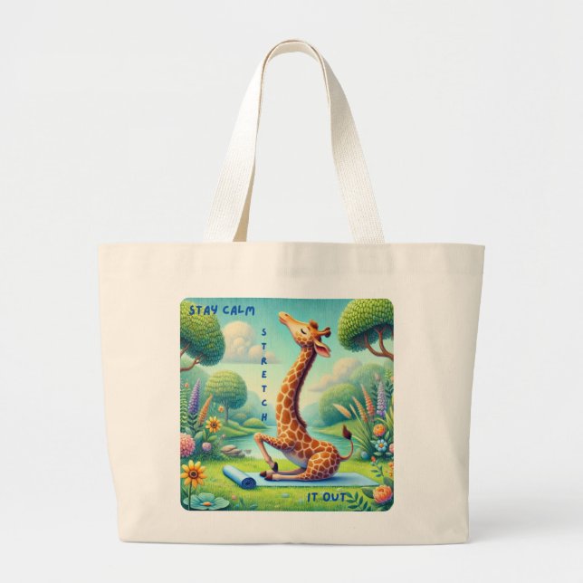 Stay Calm Stretch It Out - Giraffe Yoga Design Large Tote Bag (Front)