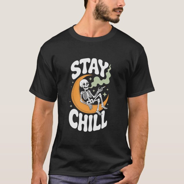 Stay Chill: Skeleton Smoking Design T-Shirt (Front)