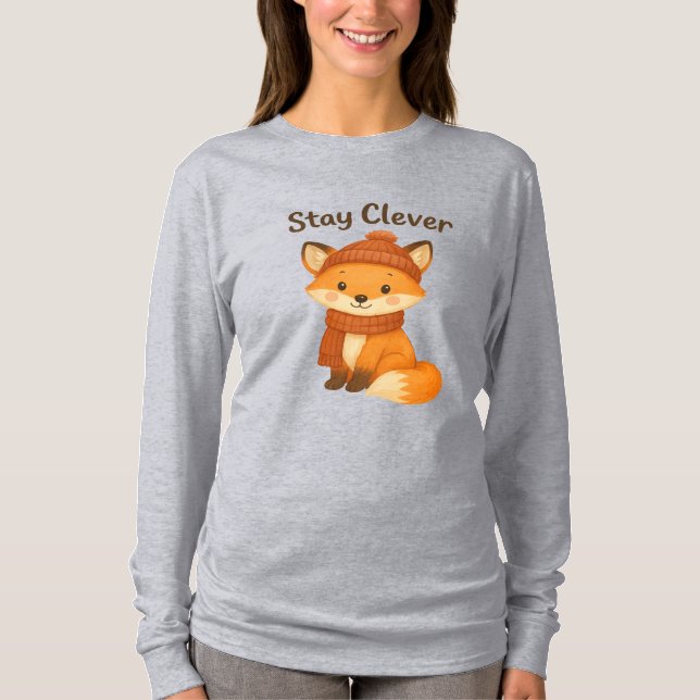  Stay Clever Women’s Winter T-Shirt – Cute Fox in  (Front)