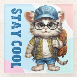 Stay Cool Cat Wearing Glasses Cap Back To School Glass Coaster