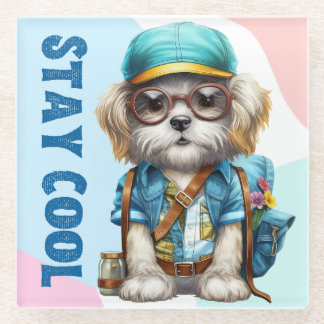 Stay Cool Dog Wearing Glasses Cap Back To School Glass Coaster