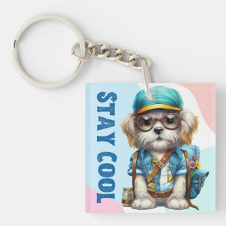 Stay Cool Dog Wearing Glasses Cap Back To School  Key Ring