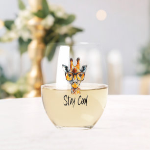 Stay Cool - Giraffe with Sunglasses Illustration Stemless Wine Glass