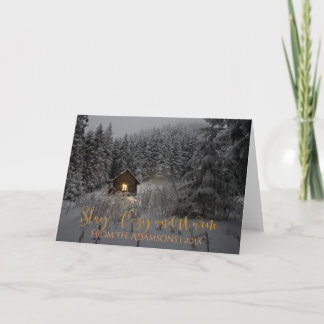 Stay Cosy And Warm Log Cabin in Snow Photo Holiday Card