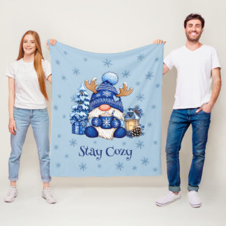 Stay Cosy Blue Christmas Gnome Winter Fleece Blanket