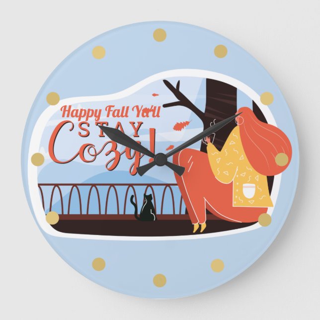 Stay Cosy Hygge Autumn Fall FolkArt Decor ADD NAME Large Clock (Front)