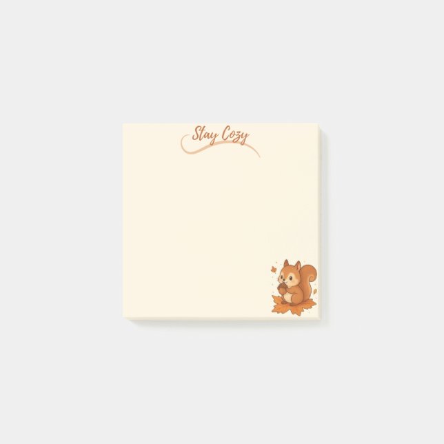 Stay Cosy Squirrel with Acorn – Beige Autumn Post-it Notes (Front)