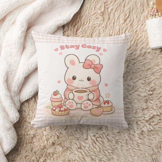Stay Cozy Cute Bunny Pink Gingham Sweet Home  Cushion (Blanket)