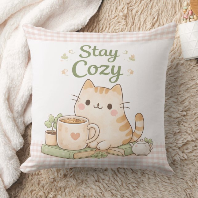 Stay Cozy Cute Kitty Cat Pink Gingham Sweet Home  Cushion (Blanket)