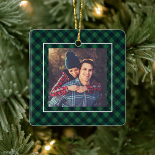 Stay Cozy Trendy Green Buffalo Plaid Family Photo Ceramic Ornament