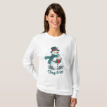 Stay Cozy Winter Snowman With Hot Cocoa T-Shirt<br><div class="desc">A charming winter illustration featuring a stylish snowman dressed in a cozy patterned scarf and elegant top hat, holding a warm cup of hot cocoa. Surrounded by snowflakes, pine branches, and festive red berries, this design brings a warm and joyful holiday feeling. Perfect for winter apparel, Christmas gifts, seasonal mugs,...</div>