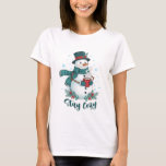 Stay Cozy Winter Snowman With Hot Cocoa T-Shirt<br><div class="desc">A charming winter illustration featuring a stylish snowman dressed in a cozy patterned scarf and elegant top hat, holding a warm cup of hot cocoa. Surrounded by snowflakes, pine branches, and festive red berries, this design brings a warm and joyful holiday feeling. Perfect for winter apparel, Christmas gifts, seasonal mugs,...</div>