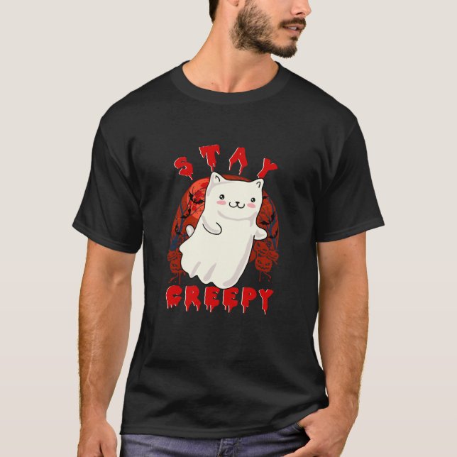 Stay Creepy Cute Kitty Cat Ghost Halloween Costume T-Shirt (Front)