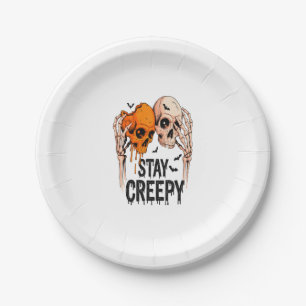 Stay Creepy PNG, Retro Skull Halloween Paper Plate