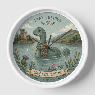 Stay Curious Cosy Cryptid Nessie Loch Ness Monster Clock