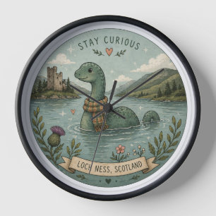 Stay Curious Cosy Cryptid Nessie Loch Ness Monster Clock