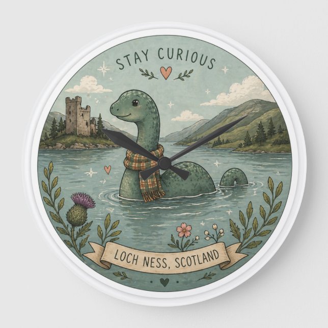 Stay Curious Cosy Cryptid Nessie Loch Ness Monster Large Clock (Front)