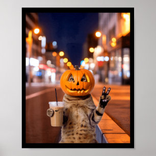 Stay feral halloween cat drinking iced coffee poster