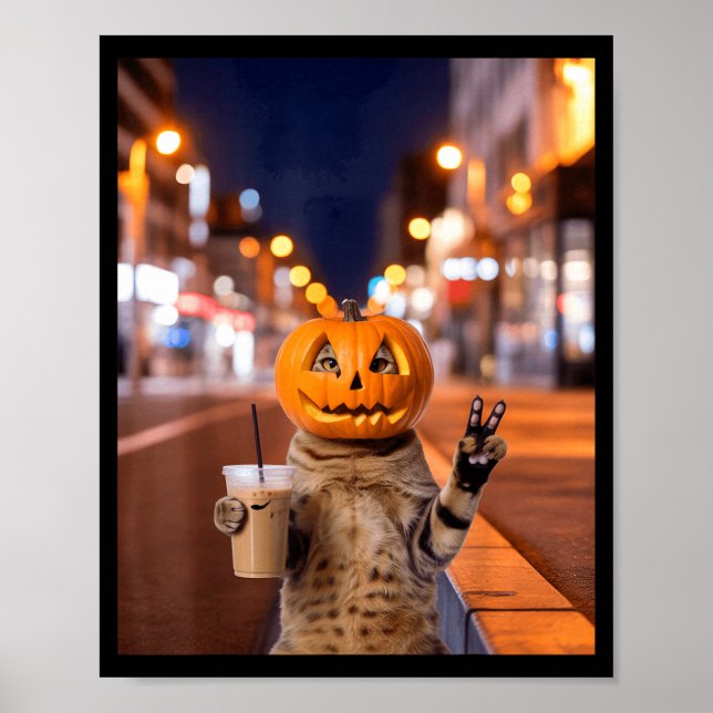 Stay feral halloween cat drinking iced coffee poster (Front)
