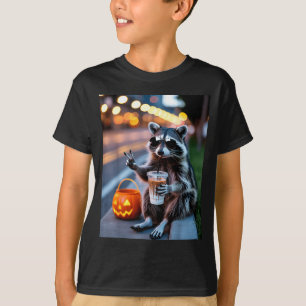 Stay feral racoon drinking iced coffee halloween T-Shirt