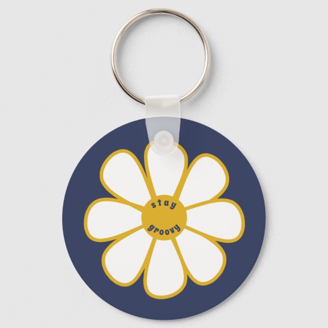 Stay Groovy Cute Retro Daisy Flower Key Ring (Front)