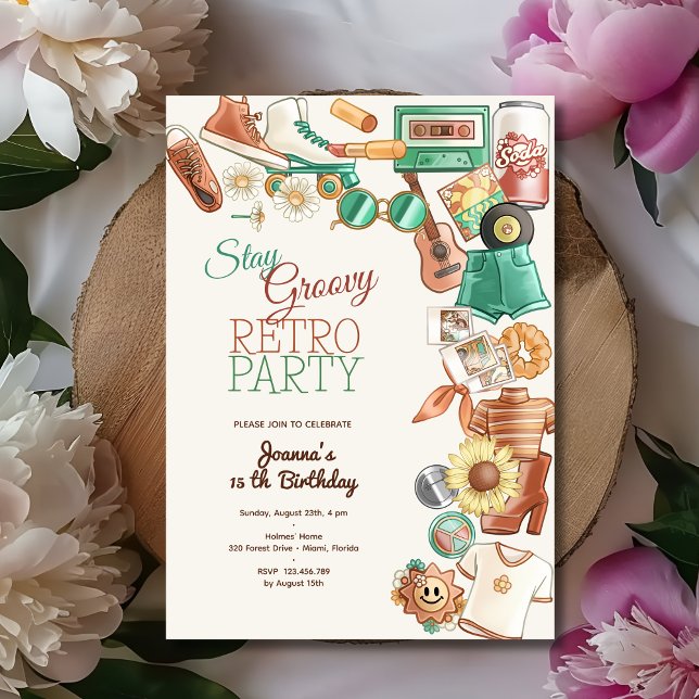 Stay groovy retro birthday party invitation (Creator Uploaded)