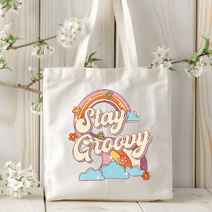 Stay Groovy Retro Rainbow Flowers Typography Tote Bag