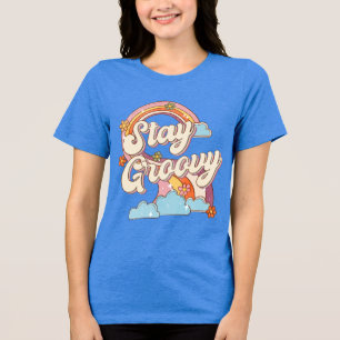 Stay Groovy Retro Rainbow Flowers Typography Tri-Blend Shirt