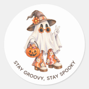 Stay Groovy Stay Spooky Retro Halloween Ghost Classic Round Sticker