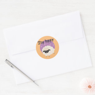 Stay happy Kawaii cute funny white sheep purple Classic Round Sticker