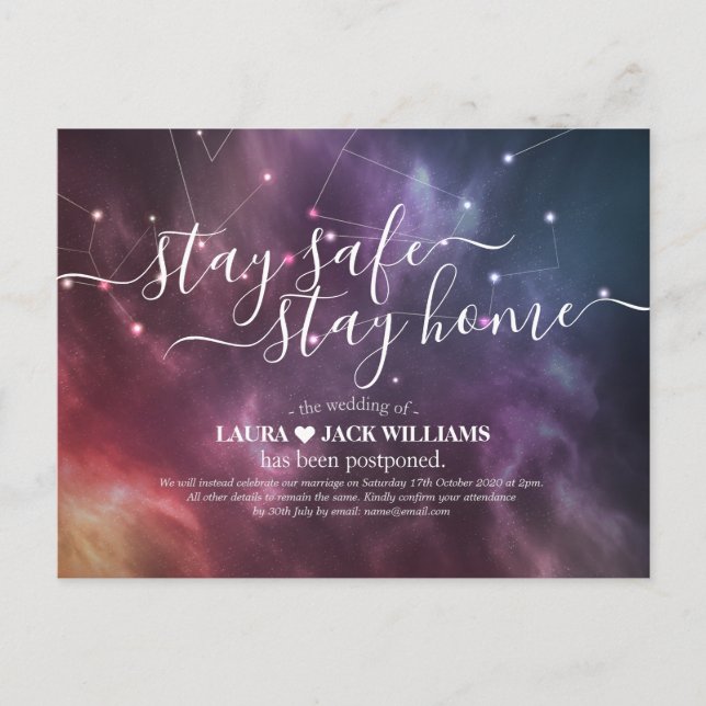 Stay Home & Stay Safe Wedding Postponement Galaxy Announcement Postcard (Front)