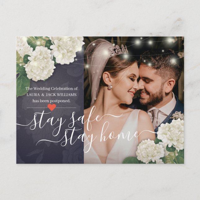 Stay Home & Stay Safe Wedding Postponement Photo Announcement Postcard (Front)