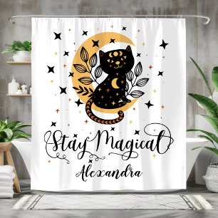 Stay magical black cat with half moon with stars shower curtain