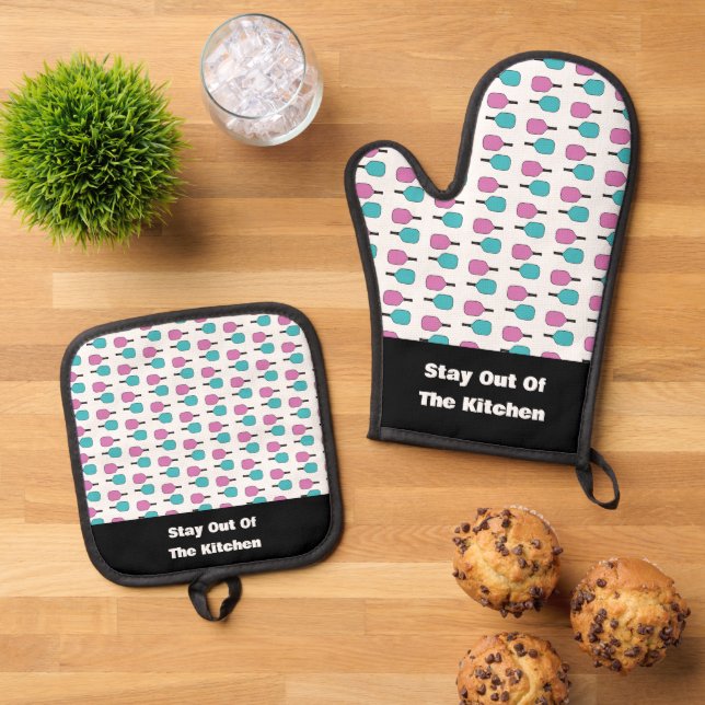 Stay Out of The Kitchen Funny Pickleball Paddle Oven Mitt & Pot Holder Set (Top Down)