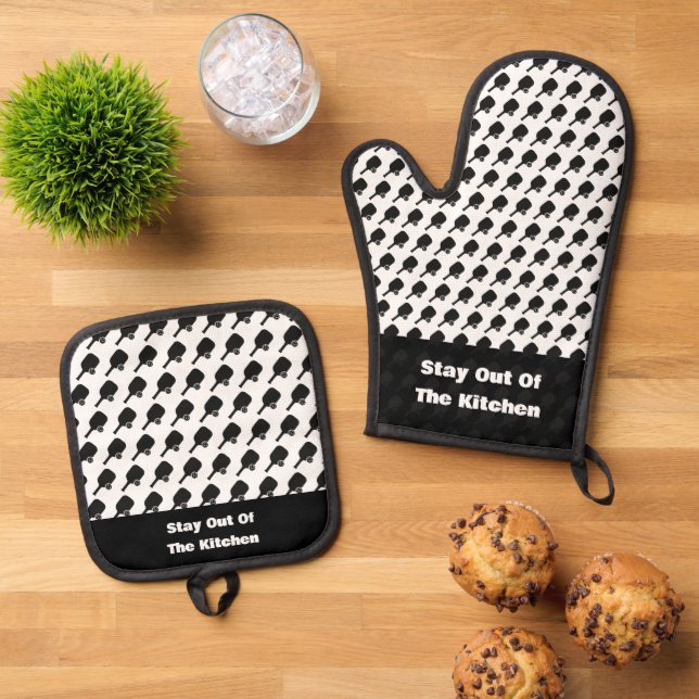 Stay Outta Kitchen Funny Pickleball Paddle Ball Oven Mitt & Pot Holder Set (Top Down)